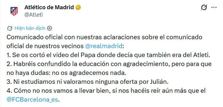 Atletico Madrid không ngần ngại chế giễu Real Madrid